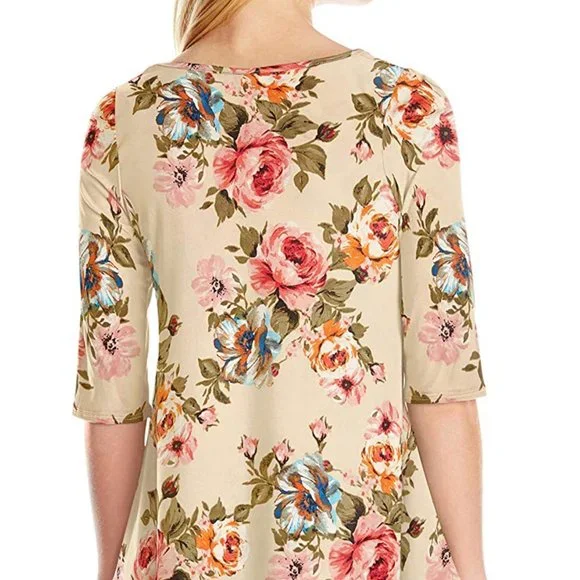 Star Vixen Women's Elbow Sleeve Hanky Hem Tunic Size Medium Light Floral - Picture 2 of 5